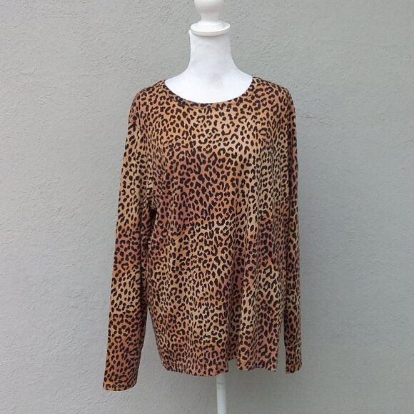 Land's End Top Women's Tee T-shirt XL Black Tan Soft Knit Animal Print - Picture 1 of 5